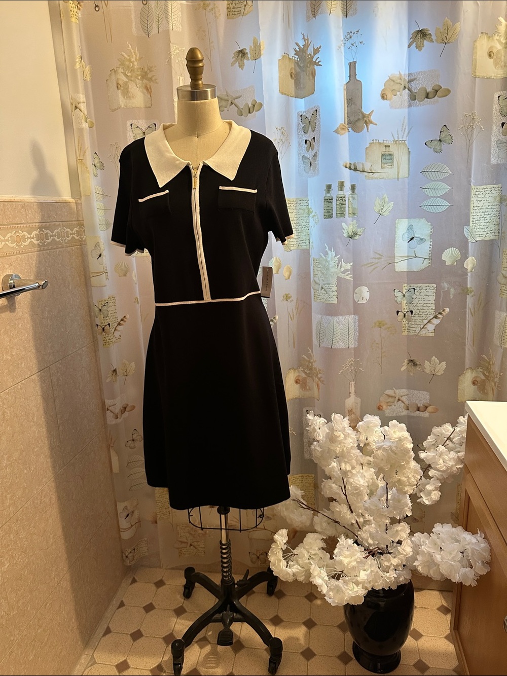 🌺🌺NWT ALEXIA ADMOR Classic Black Contrast-Collar Short Sleeve A- Line Dress 👗